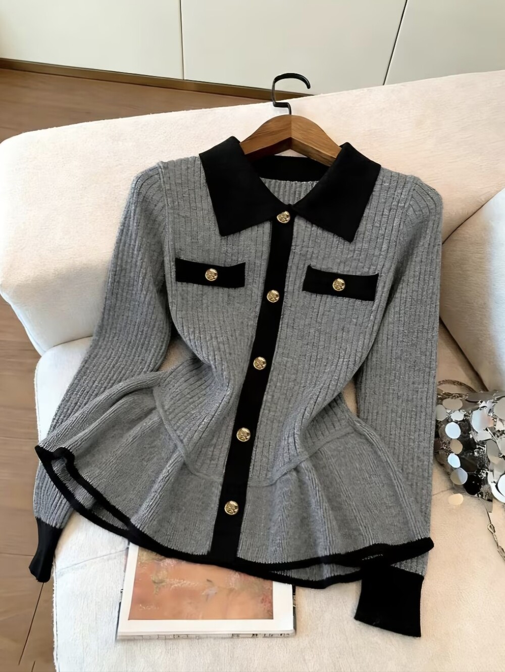 Sweater Contrast Striped Top Lapel Metallic Fake Buttons Waist-Cinching